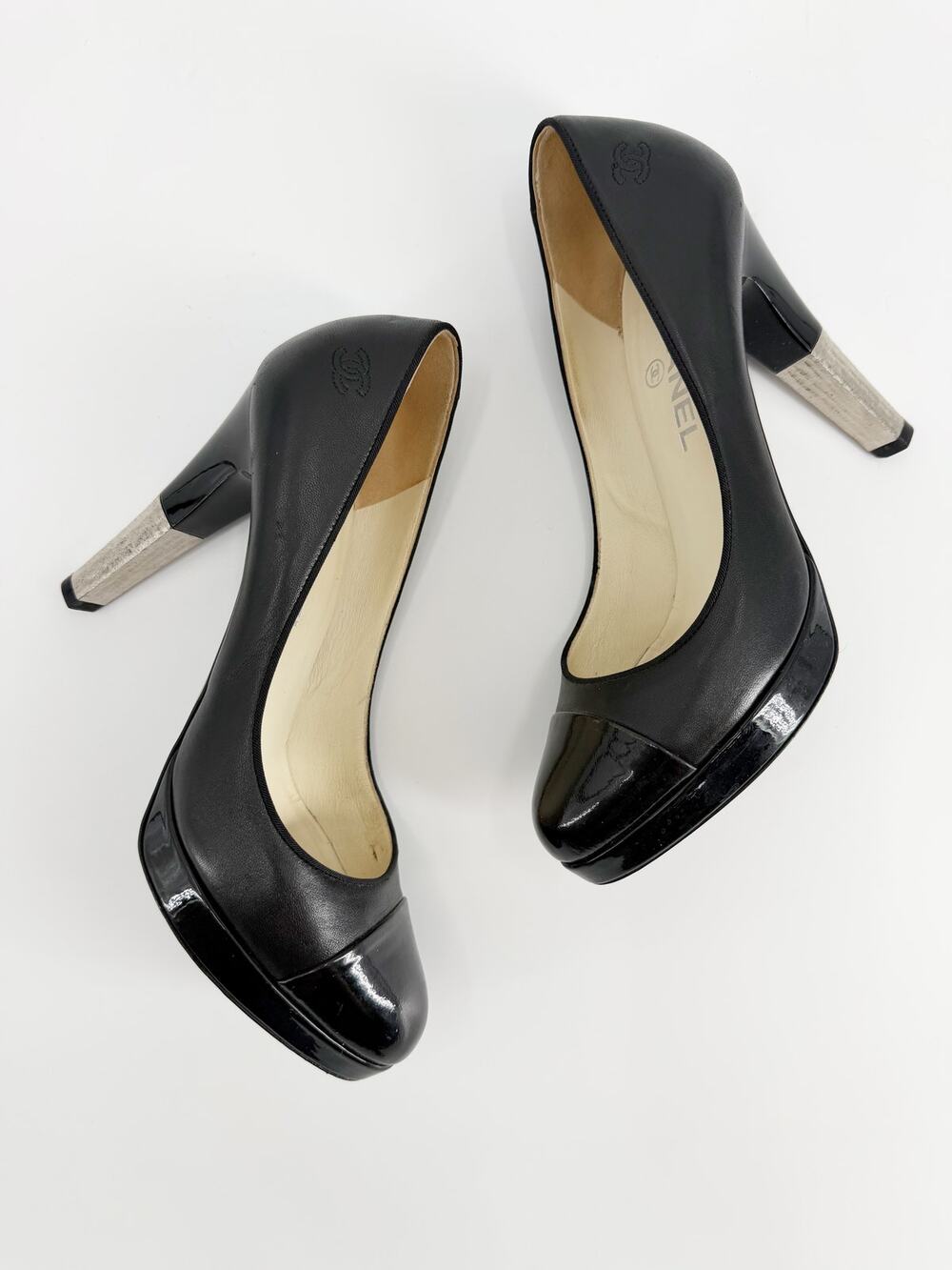 Chanel Black Leather Cap Toe Platform Pumps Silver Stiletto Heels 38.5 EU US 8.5